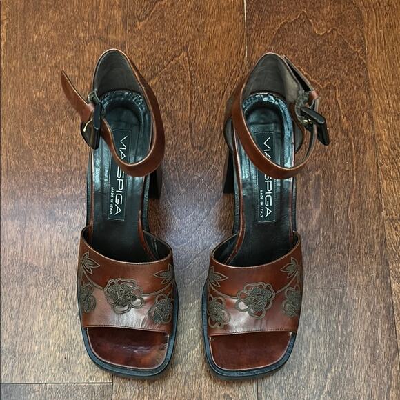 Via Spiga Rare Retro Square Toe Platform Heels, Embroidered Leather, Size 6 - Picture 2 of 15